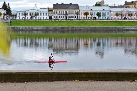 TVER, RUSSIA - OCTOBER 26, 2020: beautiful urban landscape of Tver with a view of the embankment with old Russian buildings in autumn. Architecture of the small town. Tver. Russia.のeditorial素材