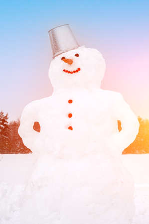 Cute smiling snowman in the field covered with snow. Artistically colored and tinted photographyの写真素材