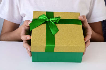 girl's hands are holding a beautiful gift box. Happy birthday, Merry Christmas. Close-up. Selective...