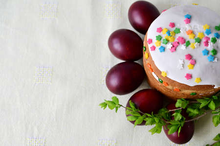 Traditional Easter cake with decorative glaze. Orthodox food after fasting on the Easter holiday....