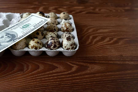 quail eggs in cardboard packaging on wooden background for sale to client and money. Business quail...