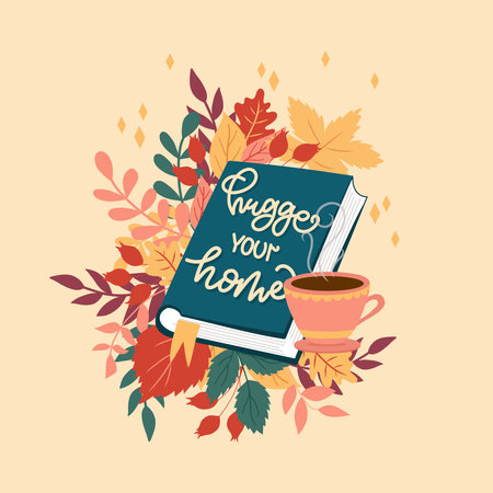 Book Hugge your home, leaves and cup of hot tea.のイラスト素材