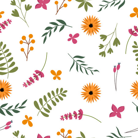 Seamless pattern with summer flowers and leaves