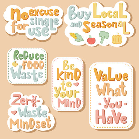 Set of phrases about mindfulness, zero-waste, local food.のイラスト素材