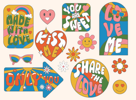 Groovy hippie lettering stickers.のイラスト素材
