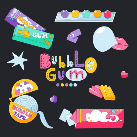 Colourful bubble gum set in 90s style.のイラスト素材