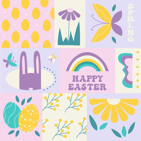 Colorful geometric poster with Easter symbols.のイラスト素材