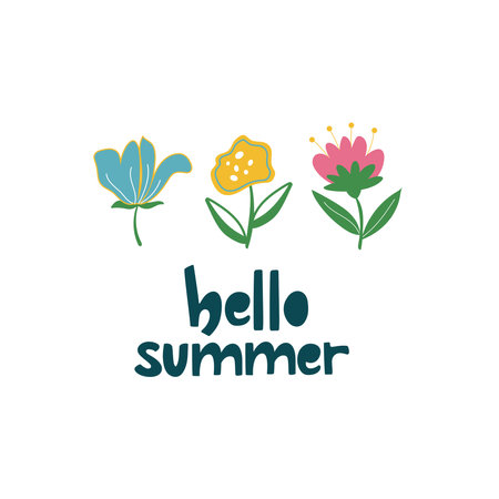 Simple handdrawn poster Hello summer with bright colourful fantastic flowers.のイラスト素材