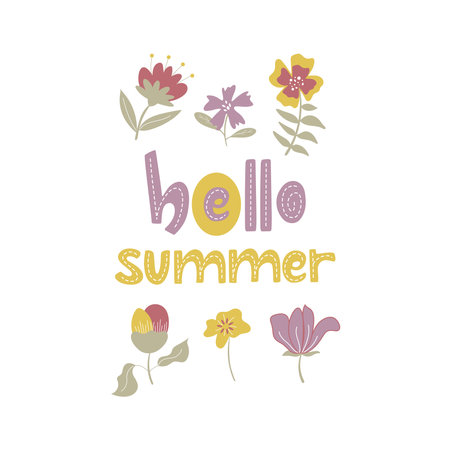 Poster with handdrawn fantastic pastel flowers and lettering hello summer.のイラスト素材