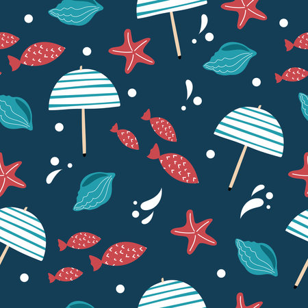 Seamless pattern with handdrawn fish, beach umbrella, starfish, water drops and sea shell on a dark background.のイラスト素材