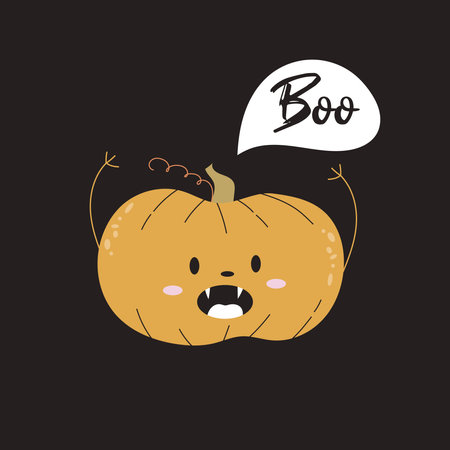 Halloween greeting card Boo with cute scary mascot pumpkin.のイラスト素材
