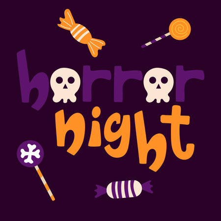 Handdrawn Halloween card Horror night with skull instead of O letter and candies.のイラスト素材