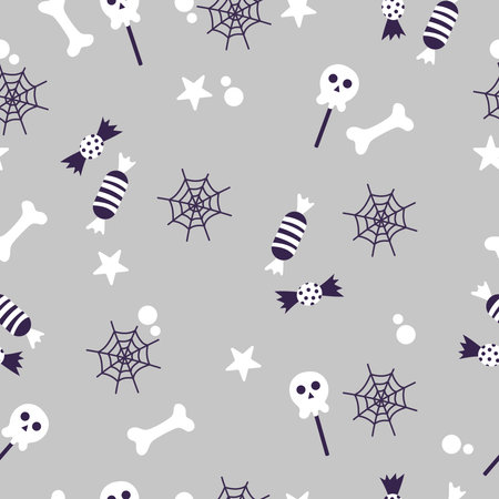Simple handdrawn pattern on grey background with candies, web, bones and skull.のイラスト素材