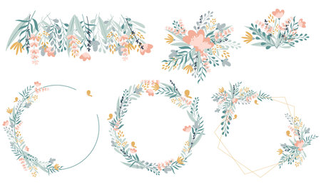 Hand drawn flower arrangement set. Delicate wreath, flower composition, bouquet and banner in soft colors.のイラスト素材