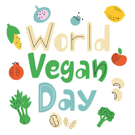Simple poster design world vegan day. Hand drawn colourful fruits and vegetables.のイラスト素材