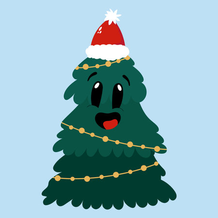 Happy Christmas tree wearing santa hat. Hand drawn vector mascot design.のイラスト素材