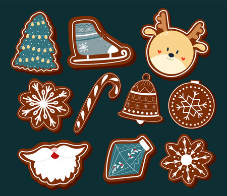 Set of hand drawn gingerbread cookies. Snowflakes, cute deer, Santa beard, skate, candy cane vector design.のイラスト素材