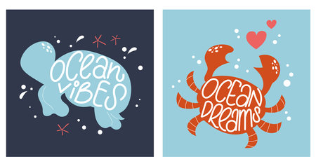 Set of two posters with turtle and crab silhoette. Hand written quote Ocean vibes, Ocean dreams hand drawn design.のイラスト素材
