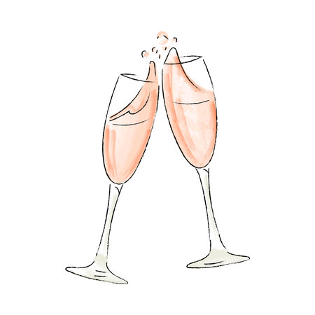 Two doodle champagne glasses. Hand drawn watercolor celebration design. Vector illustration color of the year.のイラスト素材