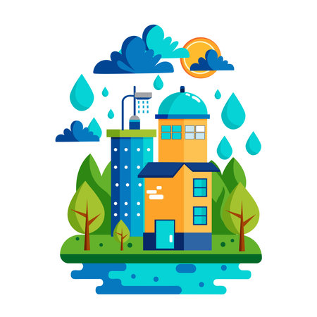 Hand drawn flat illustration of rainwater harvesting in the city. Efficient water use. Vector design of water conservation.のイラスト素材