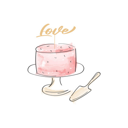 Elegant doodle cake with word Love topping. Hand drawn watercolor celebration design.