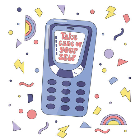 Hand drawn poster with retro cell phone and motivational message. Take care of yourself.のイラスト素材