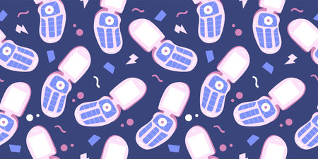 Colourful seamless pattern with retro cell phone. Vector handdrawn design on dark background.のイラスト素材