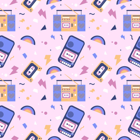 Colourful seamless pattern with retro record players and abstract elements.のイラスト素材