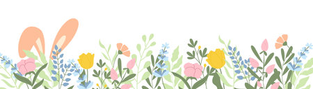 Handdrawn banner with spring flowers and bunny ears. Vector illustration in pastel colors.のイラスト素材