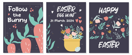 Posters or templates for Easter egg hunt. Colourful handdrawn vector design on dark background.のイラスト素材