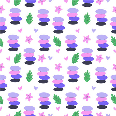 Bright seamless pattern with balanced stones, leaves and flowers.