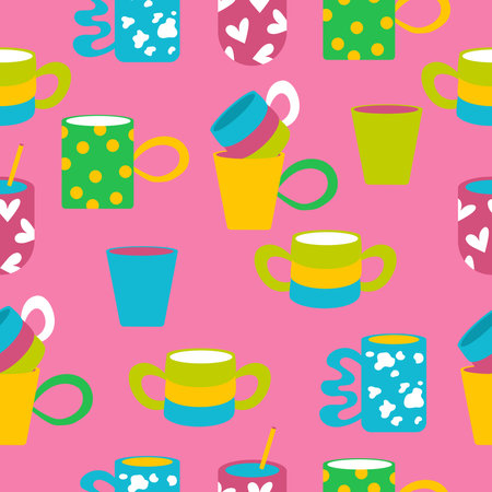 Bright pink pattern with cups. Colourful seamless design of eclectic kitchen decor.のイラスト素材
