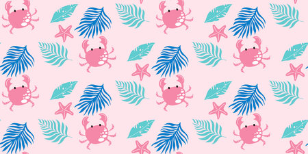 Tropical pattern with crab, palm leaves and starfish on pink background. Vector seamless design.