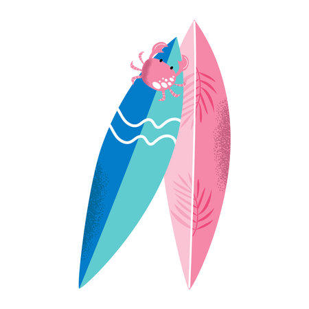 Handdrawn crab on surf boards. Cute ocean life vector illustration with noise texture.のイラスト素材
