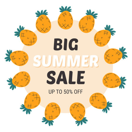 Summer sale banner. Vector promotion design with handdrawn pineapples.のイラスト素材