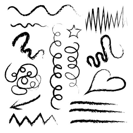 Set of black abstract shapes and scribbles. Hand written vector design isolated on white.のイラスト素材