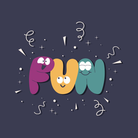 Handdrawn smiling bubble letters making word Fun. Childish mascot design. Vector illustrationのイラスト素材