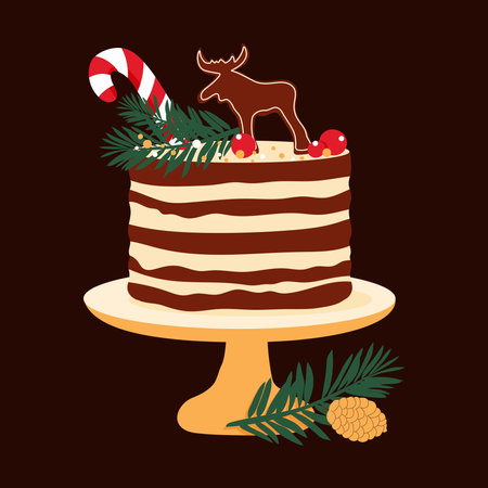 Hand drawn Christmas decorated cake on the tray with sugar cane and gingerbread deer. Vector...