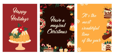 Hand drawn set of warm Christmas greeting cards with traditional cakes, sweets and winter decoration. Vector illustrationのイラスト素材