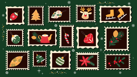 Collection of hand drawn stamps with winter and Christmas symbols and plants.のイラスト素材