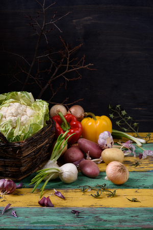 Ripe summer vegetables on wooden table. Bio healthy food ingredients. Organic veggies.の写真素材