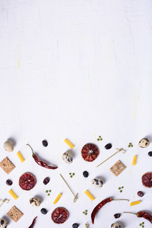 Flat lay food pattern of various food ingredients.Top view, copy space. Grocery background.の写真素材