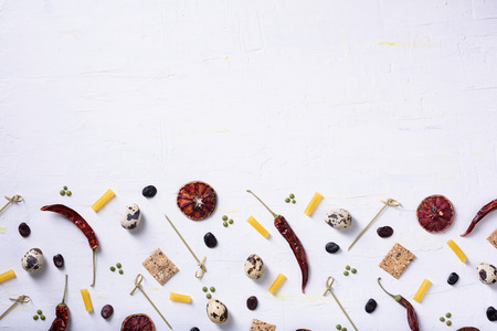 Food mock up menu, cooking ingredients frame. Gastronomy market background. Flat lay, top view, copy space.の写真素材