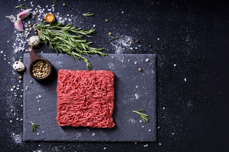 Raw fresh marbled mince meat and seasonings on dark background. Copy space, high angle view.の写真素材