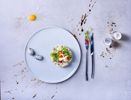 Salad Olivier, traditional Russian snack, New Year or Christmas appetizer, Top view, copy space.の写真素材
