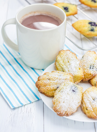 Sugar powdered madeleines with blueberries and hot chocolateの写真素材