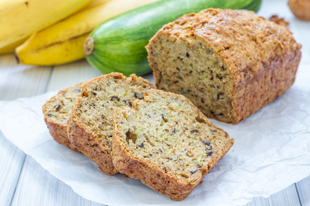 Loaf of homemade banana zucchini bread with walnutsの写真素材