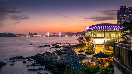 Night view at Nurimaru APEC house in Dongbaekseom Island, Haeundae district, South Korea, 15 august...