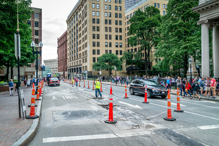 Road repairing at Boston, crossing of Tremont and Beacon streets, Massachusetts United States, 30 july 2017のeditorial素材