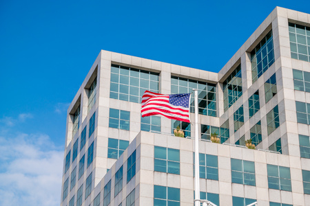 American flag on the building of Brown university school of public health, Providence, Rhode Island, USA, 29 july 2017のeditorial素材